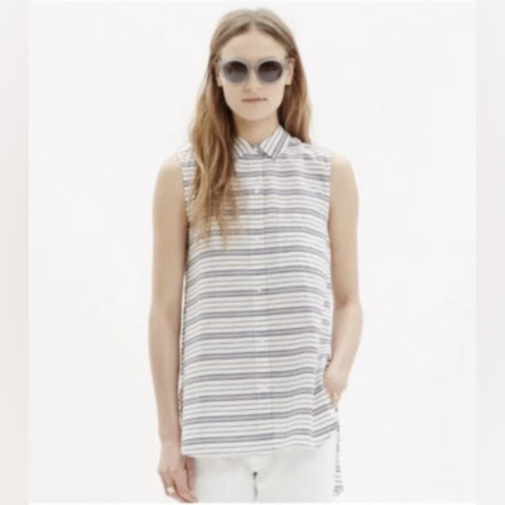 Madewell Striped Sleeveless Button Down Hi Low Top White Blue M